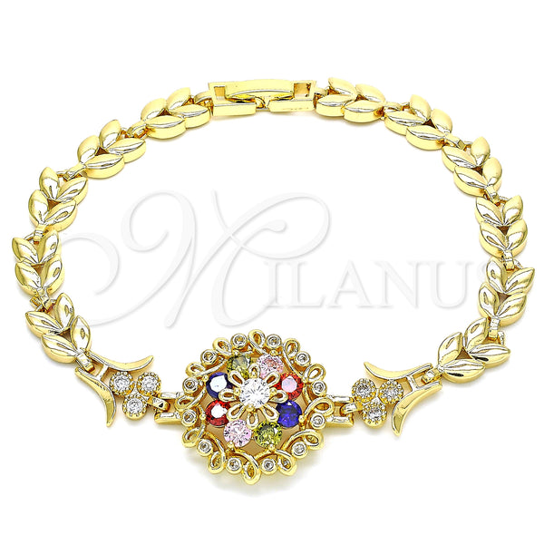 Gold Filled Bracelet — Fancy Bracelet Flower and Leaf Design with Multicolor — main product view — SKU 129953 | Oro Laminado brazalete — elegante Bracelet flor and Leaf diseño with Multicolor — SKU 129953