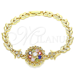 Gold Filled Bracelet — Fancy Bracelet Flower and Leaf Design with Multicolor — main product view — SKU 129953 | Oro Laminado brazalete — elegante Bracelet flor and Leaf diseño with Multicolor — SKU 129953