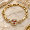 Oro Laminado Fancy Bracelet, Gold Filled Style Flower and Hugs and Kisses Design, with Garnet and White Cubic Zirconia, Polished, Golden Finish, 03.210.0130.08 (07 MM Thickness, 8 Inches Length)
