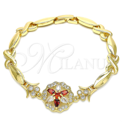 Oro Laminado Fancy Bracelet, Gold Filled Style Flower and Hugs and Kisses Design, with Garnet and White Cubic for wholesale, main product view