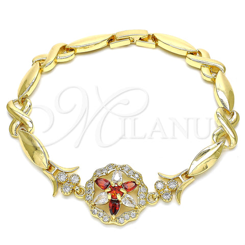 Oro Laminado Fancy Bracelet, Gold Filled Style Flower and Hugs and Kisses Design, with Garnet and White Cubic Zirconia, Polished, Golden Finish, 03.210.0130.08 (07 MM Thickness, 8 Inches Length)