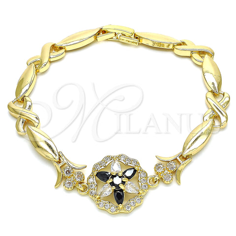 Oro Laminado Fancy Bracelet, Gold Filled Style Flower and Hugs and Kisses Design, with Black and White Cubic Zirconia, Polished, Golden Finish, 03.210.0130.1.08 (07 MM Thickness, 8 Inches Length)