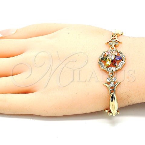 Oro Laminado Fancy Bracelet, Gold Filled Style Flower and Hugs and Kisses Design, with Multicolor Cubic Zirconia, Polished, Golden Finish, 03.210.0130.2.08 (07 MM Thickness, 8 Inches Length)