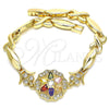 Oro Laminado Fancy Bracelet, Gold Filled Style Flower and Hugs and Kisses Design, with Multicolor Cubic Zirconia, Polished, Golden Finish, 03.210.0130.2.08 (07 MM Thickness, 8 Inches Length)
