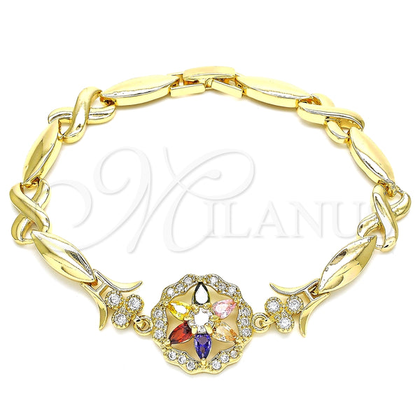 Oro Laminado Fancy Bracelet, Gold Filled Style Flower and Hugs and Kisses Design, with Multicolor Cubic Zirconia, Polished, Golden Finish, 03.210.0130.2.08 (07 MM Thickness, 8 Inches Length)