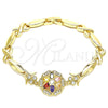 Oro Laminado Fancy Bracelet, Gold Filled Style Flower and Hugs and Kisses Design, with Multicolor Cubic Zirconia, Polished, Golden Finish, 03.210.0130.2.08 (07 MM Thickness, 8 Inches Length)
