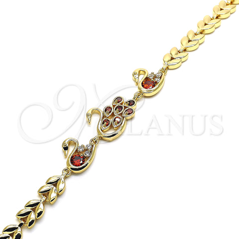 Oro Laminado Fancy Bracelet, Gold Filled Style Peacock and Swan Design, with Garnet and White Cubic Zirconia, Polished, Golden Finish, 03.210.0131.08 (07 MM Thickness, 8 Inches Length)