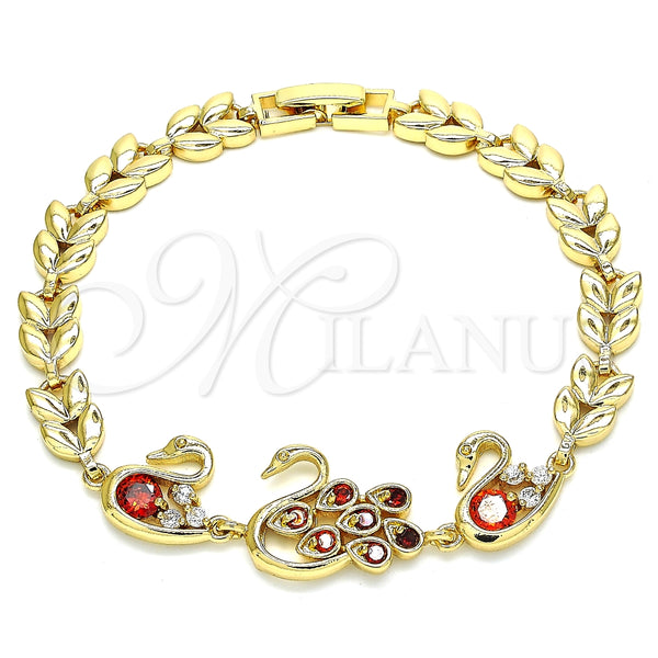 Oro Laminado Fancy Bracelet, Gold Filled Style Peacock and Swan Design, with Garnet and White Cubic Zirconia, Polished, Golden Finish, 03.210.0131.08 (07 MM Thickness, 8 Inches Length)
