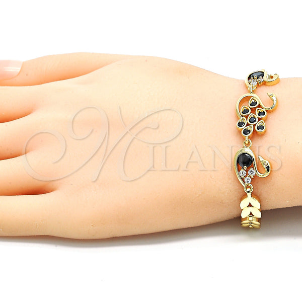 Oro Laminado Fancy Bracelet, Gold Filled Style Peacock and Swan Design, with Black and White Cubic Zirconia, Polished, Golden Finish, 03.210.0131.1.08 (07 MM Thickness, 8 Inches Length)