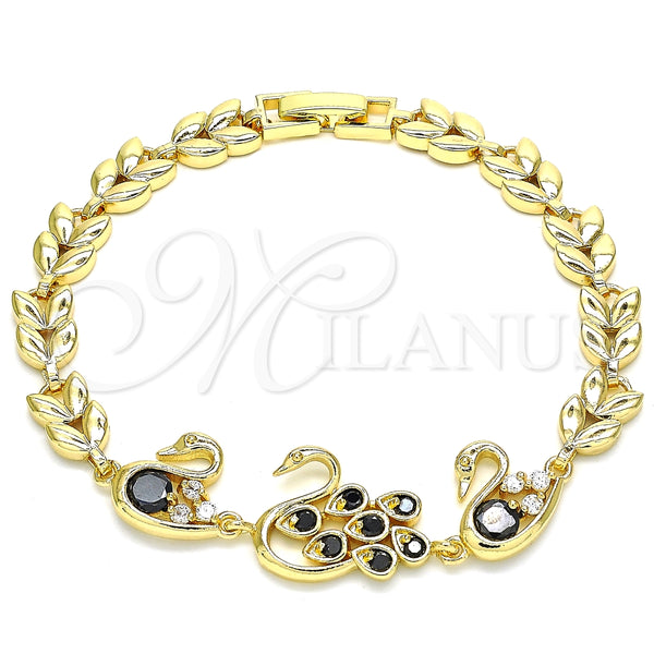 Oro Laminado Fancy Bracelet, Gold Filled Style Peacock and Swan Design, with Black and White Cubic Zirconia, Polished, Golden Finish, 03.210.0131.1.08 (07 MM Thickness, 8 Inches Length)