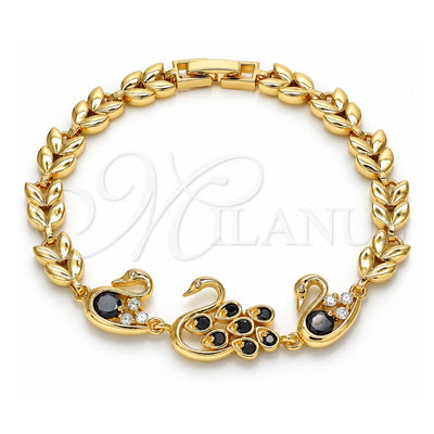 Oro Laminado Fancy Bracelet, Gold Filled Style Peacock and Swan Design, with Black and White Cubic Zirconia, Polished, Golden Finish, 03.210.0131.1.08 (07 MM Thickness, 8 Inches Length)