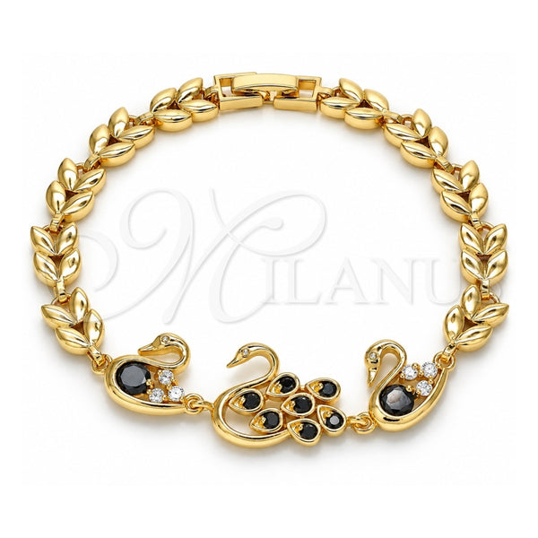 Oro Laminado Fancy Bracelet, Gold Filled Style Peacock and Swan Design, with Black and White Cubic Zirconia, Polished, Golden Finish, 03.210.0131.1.08 (07 MM Thickness, 8 Inches Length)