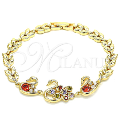 Oro Laminado Fancy Bracelet, Gold Filled Style Peacock and Swan Design, with Multicolor Cubic Zirconia, Polished, Golden Finish, 03.210.0131.2.08 (07 MM Thickness, 8 Inches Length)