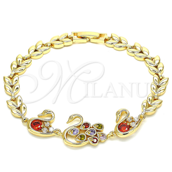 Gold Filled Bracelet — Fancy Bracelet Peacock and Swan Design with Multicolor — main product view — SKU 129959 | Oro Laminado brazalete — elegante Bracelet Peacock and Swan diseño with Multicolor — SKU 129959