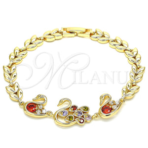 Gold Filled Bracelet — Fancy Bracelet Peacock and Swan Design with Multicolor — main product view — SKU 129959 | Oro Laminado brazalete — elegante Bracelet Peacock and Swan diseño with Multicolor — SKU 129959