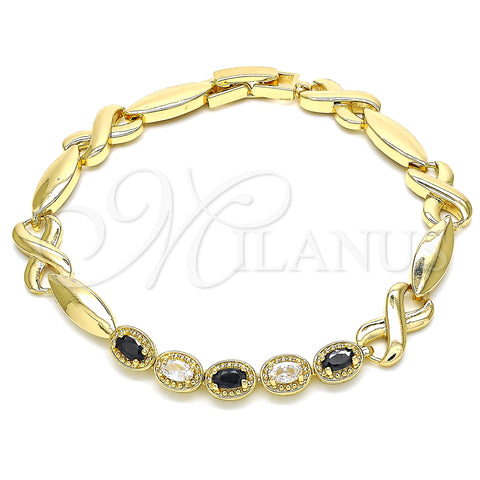 Oro Laminado Fancy Bracelet, Gold Filled Style Hugs and Kisses Design, with Black and White Cubic Zirconia, Polished, Golden Finish, 03.210.0132.2.07 (07 MM Thickness, 8 Inches Length)