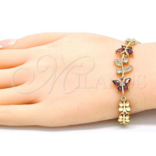 Gold Filled Bracelet — Fancy Bracelet Butterfly and Leaf Design with Garnet — alternate product view — SKU 129966 | Oro Laminado brazalete — elegante Bracelet Butterfly and Leaf diseño with Garnet — SKU 129966
