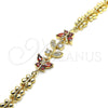 Oro Laminado Fancy Bracelet, Gold Filled Style Butterfly and Leaf Design, with Garnet and White Cubic Zirconia, Polished, Golden Finish, 03.210.0134.07 (08 MM Thickness, 7 Inches Length)