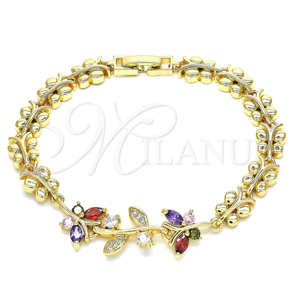 Oro Laminado Fancy Bracelet, Gold Filled Style Butterfly and Leaf Design, with Multicolor Cubic Zirconia, Polished, Golden Finish, 03.210.0134.2.07 (7 Inches Length)