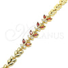 Oro Laminado Fancy Bracelet, Gold Filled Style Butterfly and Leaf Design, with Garnet and White Cubic Zirconia, Polished, Golden Finish, 03.210.0135.08 (07 MM Thickness, 8 Inches Length)