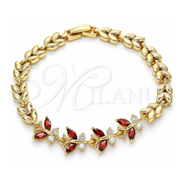 Oro Laminado Fancy Bracelet, Gold Filled Style Butterfly and Leaf Design, with Garnet and White Cubic Zirconia, Polished, Golden Finish, 03.210.0135.08 (07 MM Thickness, 8 Inches Length)
