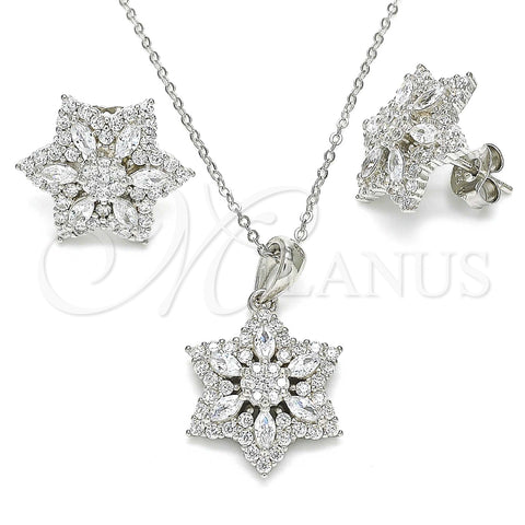 Sterling Silver Earring and Pendant Adult Set, Flower Design, with White Cubic Zirconia and White Micro Pave, Polished, Rhodium Finish, 10.286.0033