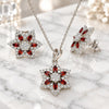 Sterling Silver Earring and Pendant Adult Set, Flower Design, with Garnet and White Cubic Zirconia, Polished, Rhodium Finish, 10.286.0033.2