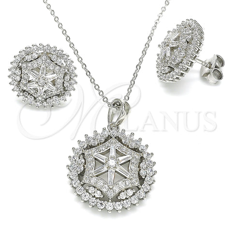 Sterling Silver Earring and Pendant Adult Set, Flower Design, with White Cubic Zirconia and White Micro Pave, Polished, Rhodium Finish, 10.286.0036
