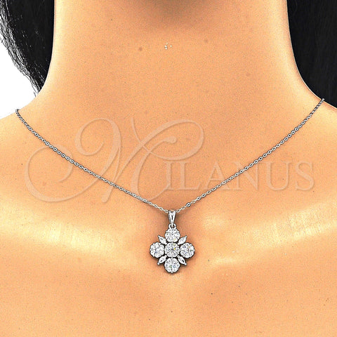Sterling Silver Earring and Pendant Adult Set, Flower Design, with White Cubic Zirconia, Polished, Rhodium Finish, 10.286.0042