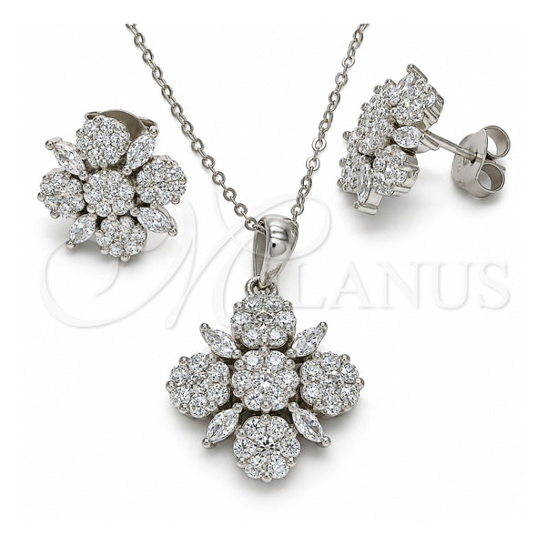 Sterling Silver Earring and Pendant Adult Set, Flower Design, with White Cubic Zirconia, Polished, Rhodium Finish, 10.286.0042