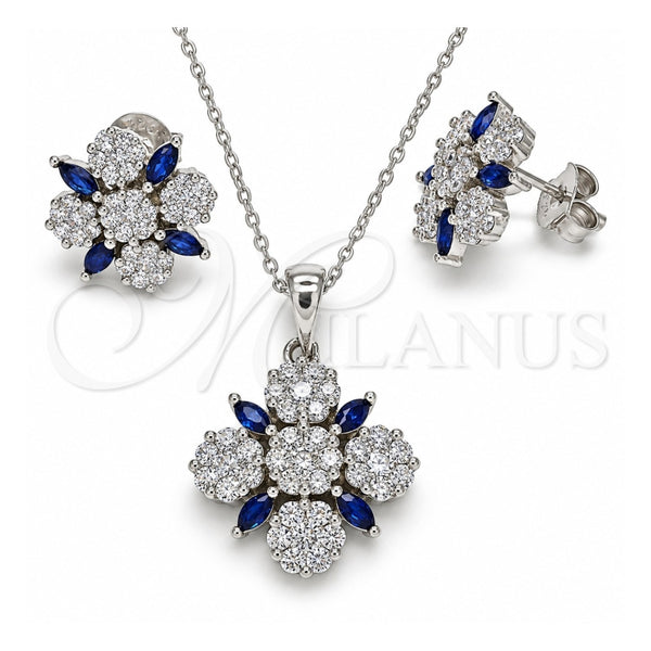 Sterling Silver Earring and Pendant Adult Set, Flower Design, with Sapphire Blue and White Cubic Zirconia, Polished, Rhodium Finish, 10.286.0042.1