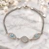 Sterling Silver Fancy Bracelet, Evil Eye Design, with White Micro Pave and White Cubic Zirconia, Turquoise Enamel Finish, Rhodium Finish, 03.286.0009.07 (02 MM Thickness, 7 Inches Length)