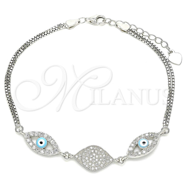 Sterling Silver Fancy Bracelet, Evil Eye Design, with White Micro Pave and White Cubic Zirconia, Turquoise Enamel Finish, Rhodium Finish, 03.286.0009.07 (02 MM Thickness, 7 Inches Length)
