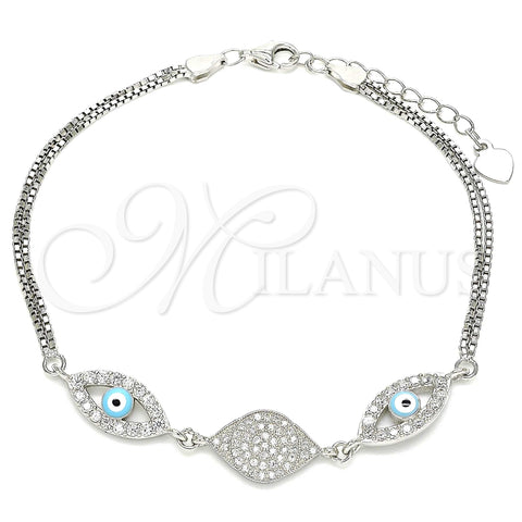 Sterling Silver Fancy Bracelet, Evil Eye Design, with White Micro Pave and White Cubic Zirconia, Turquoise Enamel Finish, Rhodium Finish, 03.286.0009.07 (02 MM Thickness, 7 Inches Length)