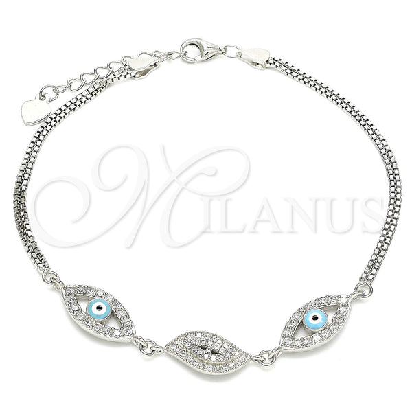 Sterling Silver Fancy Bracelet, Evil Eye Design, with White Micro Pave and White Cubic Zirconia, Turquoise Enamel Finish, Rhodium Finish, 03.286.0010.07 (02 MM Thickness, 7 Inches Length)