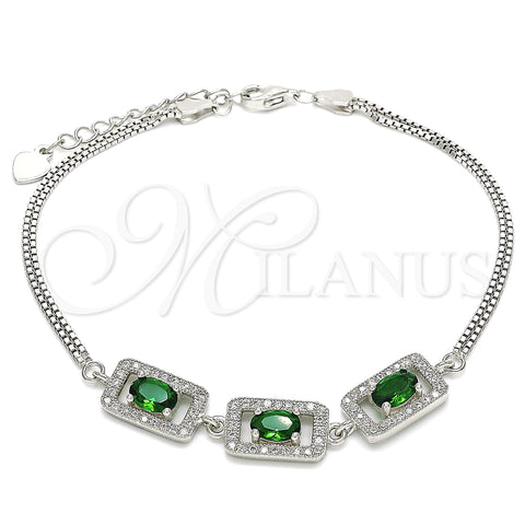 Sterling Silver Fancy Bracelet, with Green Cubic Zirconia and White Micro Pave, Polished, Rhodium Finish, 03.286.0013.3.07 (02 MM Thickness, 7 Inches Length)