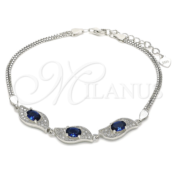 Sterling Silver Fancy Bracelet, with Sapphire Blue and White Cubic Zirconia, Polished, Rhodium Finish, 03.286.0014.3.07 (02 MM Thickness, 7 Inches Length)