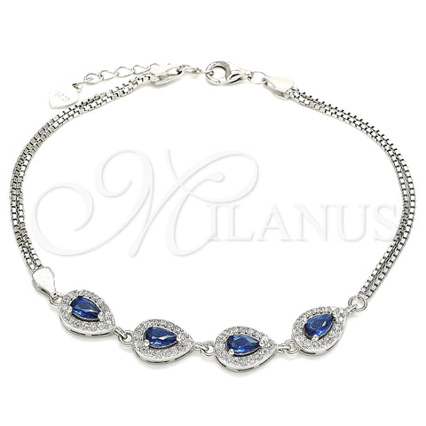 Sterling Silver Fancy Bracelet, Teardrop Design, with Sapphire Blue and White Cubic Zirconia, Polished, Rhodium Finish, 03.286.0015.1.07 (02 MM Thickness, 7 Inches Length)