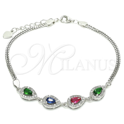 Sterling Silver Fancy Bracelet, Teardrop Design, with Multicolor Cubic Zirconia, Polished, Rhodium Finish for wholesale, main product view