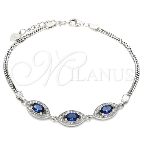 Sterling Silver Fancy Bracelet, with Sapphire Blue Cubic Zirconia and White Micro Pave, Polished, Rhodium Finish, 03.286.0016.2.07 (02 MM Thickness, 7 Inches Length)