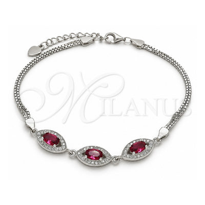 Sterling Silver Fancy Bracelet, with Ruby Cubic Zirconia and White Micro Pave, Polished, Rhodium Finish, 03.286.0016.3.07 (02 MM Thickness, 7 Inches Length)