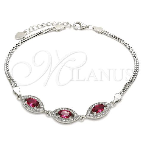 Sterling Silver Fancy Bracelet, with Ruby Cubic Zirconia and White Micro Pave, Polished, Rhodium Finish, 03.286.0016.3.07 (02 MM Thickness, 7 Inches Length)