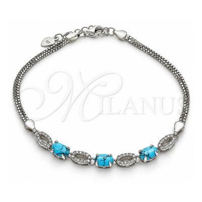 Sterling Silver Fancy Bracelet, with Turquoise Cubic Zirconia and White Crystal, Polished, Rhodium Finish, 03.286.0017.07 (02 MM Thickness, 7 Inches Length)