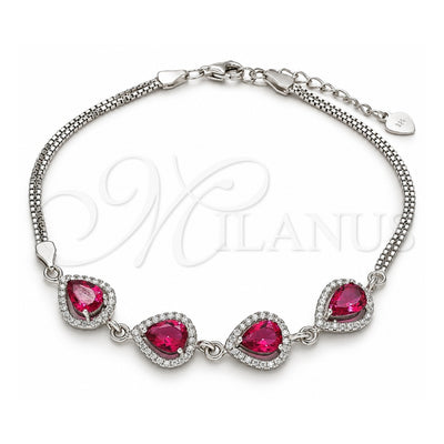 Sterling Silver Fancy Bracelet, Teardrop Design, with Ruby Cubic Zirconia and White Crystal, Polished, Rhodium Finish, 03.286.0018.3.07 (02 MM Thickness, 7 Inches Length)