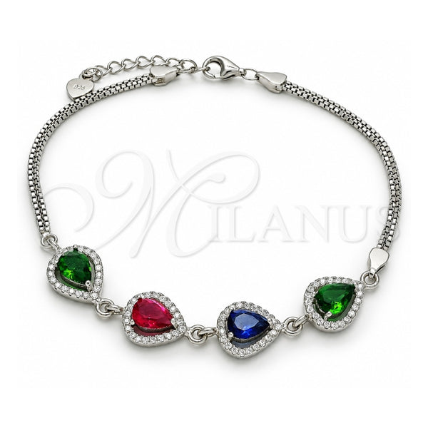 Sterling Silver Fancy Bracelet, Teardrop Design, with Multicolor Cubic Zirconia and White Crystal, Polished, Rhodium Finish, 03.286.0018.4.07 (02 MM Thickness, 7 Inches Length)