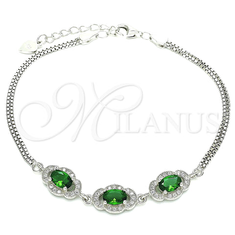 Sterling Silver Fancy Bracelet, with Green Cubic Zirconia and White Micro Pave, Polished, Rhodium Finish, 03.286.0020.2.07 (02 MM Thickness, 7 Inches Length)