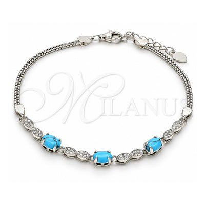 Sterling Silver Fancy Bracelet, with Turquoise Cubic Zirconia and White Micro Pave, Polished, Rhodium Finish, 03.286.0025.07 (02 MM Thickness, 7 Inches Length)