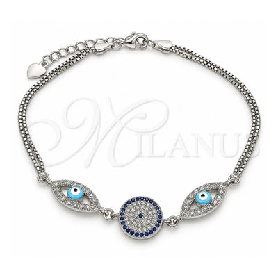 Sterling Silver Fancy Bracelet, Evil Eye Design, with Sapphire Blue and White Cubic Zirconia, Turquoise Enamel Finish, Rhodium Finish, 03.286.0026.07 (02 MM Thickness, 7 Inches Length)