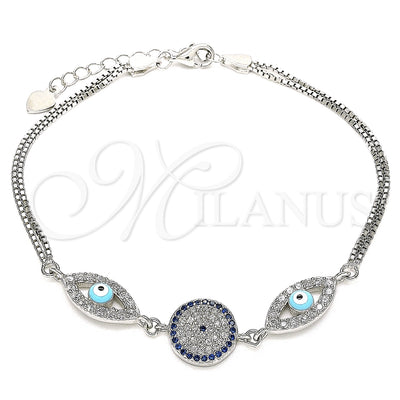 Sterling Silver Fancy Bracelet, Evil Eye Design, with Sapphire Blue and White Cubic Zirconia, Turquoise Enamel for wholesale, main product view
