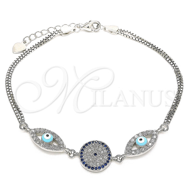 Sterling Silver Fancy Bracelet, Evil Eye Design, with Sapphire Blue and White Cubic Zirconia, Turquoise Enamel Finish, Rhodium Finish, 03.286.0026.07 (02 MM Thickness, 7 Inches Length)